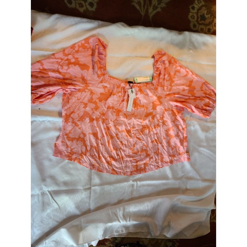 NEW Sanctuary 3X Boho Shirt PINK & CORAL PUFFY Sleeve  Cold Shoulder Square Neck